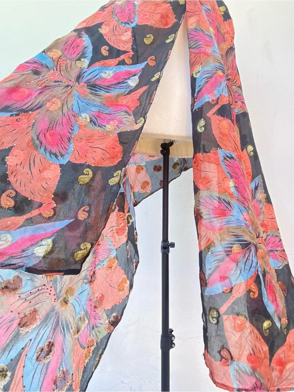 Whimsy 100% Silk Black Multicolor Floral Paisley Embroidered Rhinestone Shawl